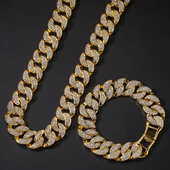 

Gold-plated Full Rhinestone Miami Cuban Chain Exaggerated Hip-hop Men Necklace Christmas Party Jewelry Boyfriend Gift 17mm