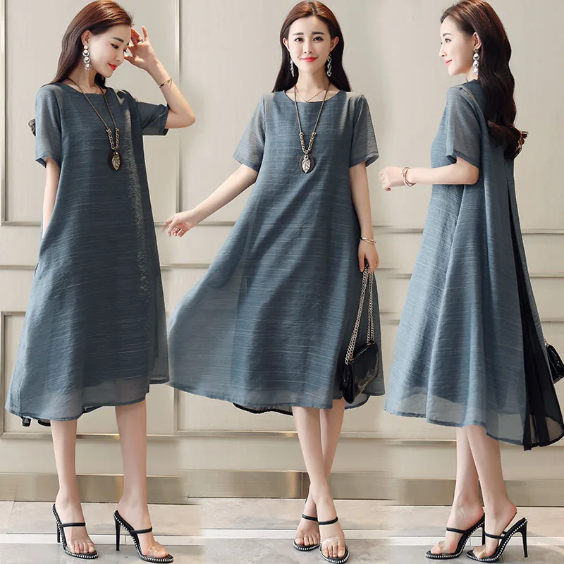 

2018 Summer Large Size Loose-Fit Cool Short Sleeve Mid-length Simple Solid Color Fat Mm Elegant Versatile Even Photo Shoot