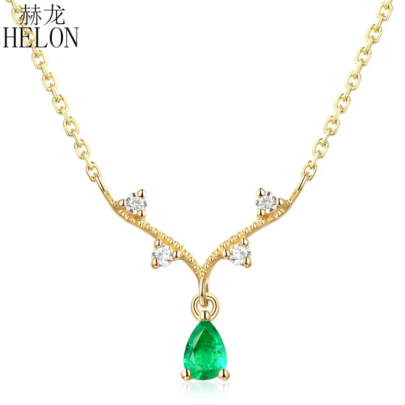 

HELON Solid 18K Yellow Gold AU750 Certified Pear 0.18ct Genuine Natural Emerald Diamonds Engagement Women Fine Jewelry Necklaces