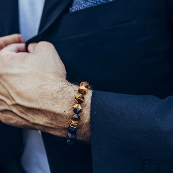

Bracelet men's 8mm Natural stone beads lucky luxury bracelet Stainless steel beads Yellow tiger eye stone handmade jewelry