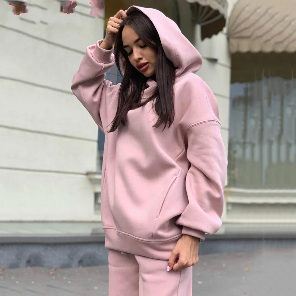 

LVINMW Sports Solid Fashion Casual Daily Oversized Loose Woman Two Piece Set Hooded Long Sleeve Pullover Elastic High Waist Pant