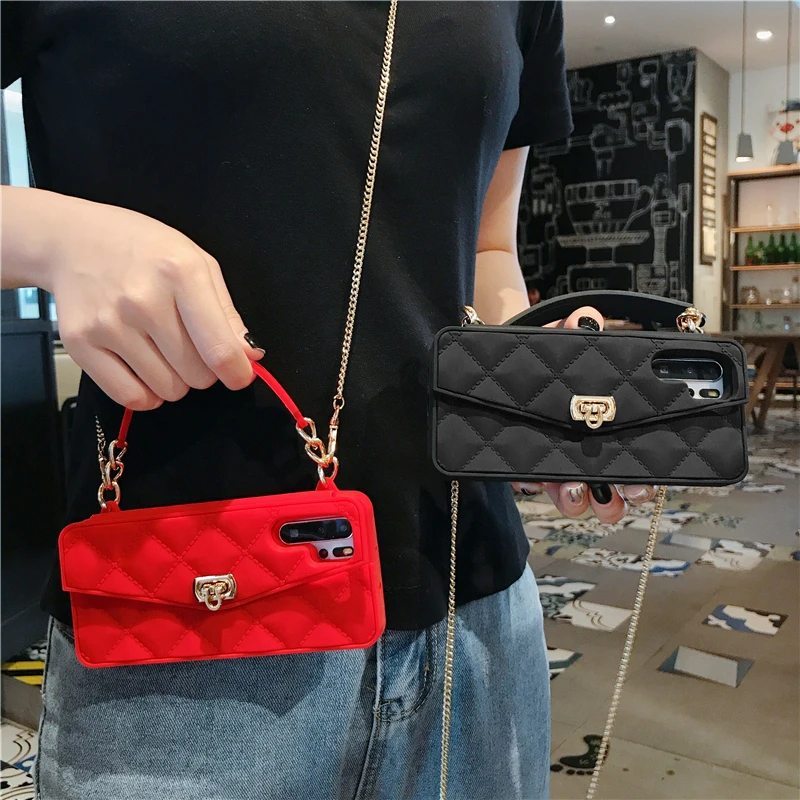 

Crossbody backpack Phone Case with long chain for Huawei P30 P30 pro TPU Silicone soft case card wallet handbag strap back cover