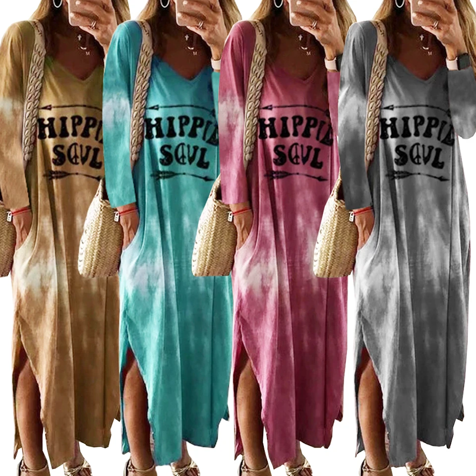 

Tie Dye Dress Gradient Color Sukienka Deep Plunge Dress Side Slit Robe Ete 2019 Letter Hippie Soul Dress Maxi Long Sleeve Women