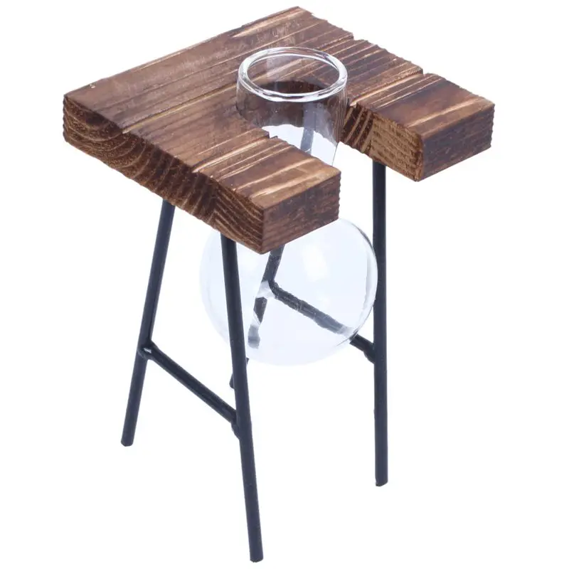 New-Fashionable Transparent Glass Vase with Wooden& Iron Stand for Water Planting Decoration Gift