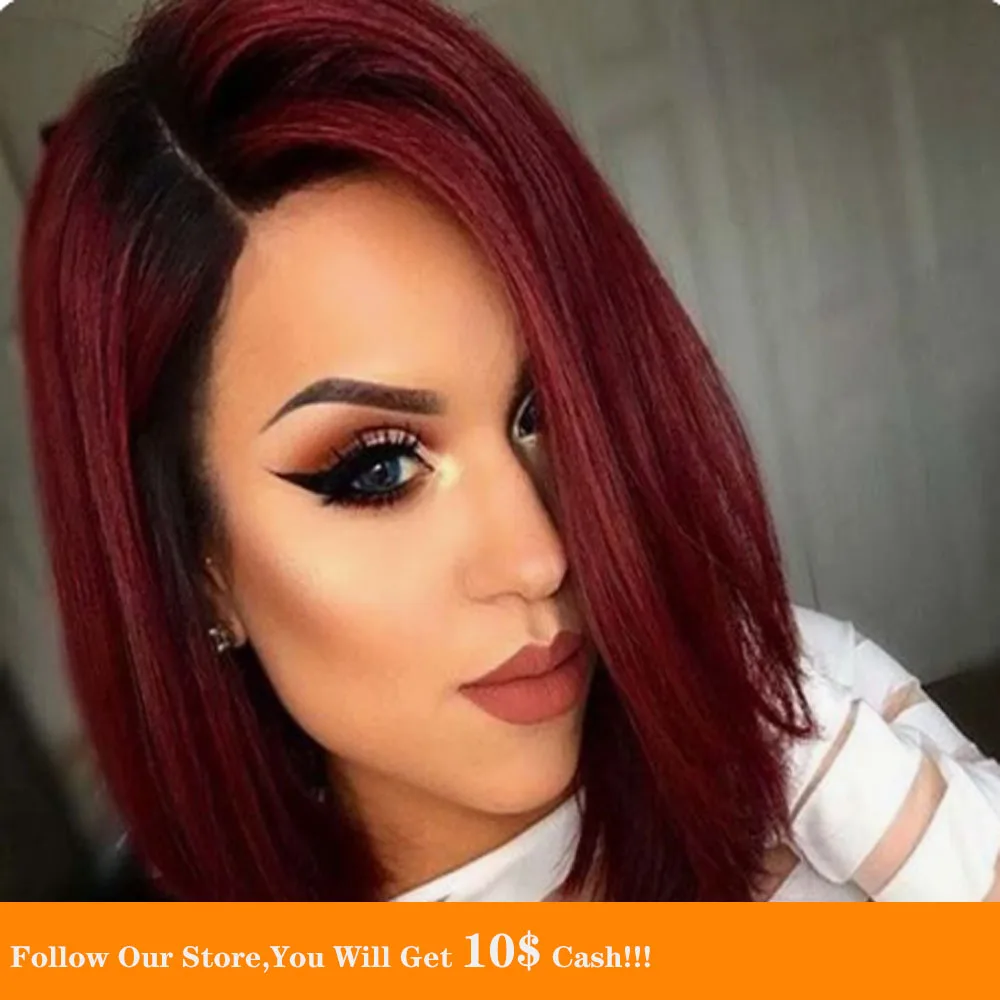 

13x4 Long Ombre Wine Lace Front Wigs Straight Remy Black Root Human Hair Wig Small Cap Size Pre Plucked Glueless Wig For Women