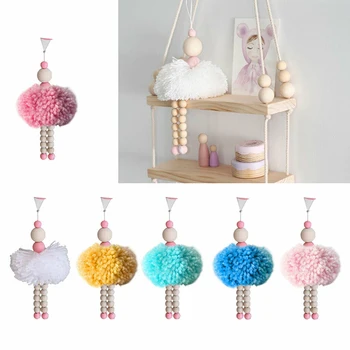 

Nordic Style Ballet Dancer Hanging Decoration Wooden Beads Ornament Soft Hairball Photography Props for Baby Room Decor 6 color