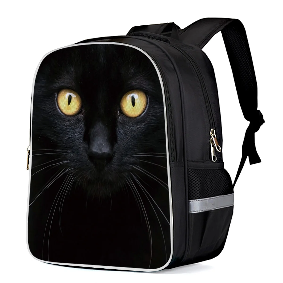 Black Cat Face Yellow Eyes Backpacks School Bag Child Book Sports Bags Bottle Side Pockets Student Silver Edge |