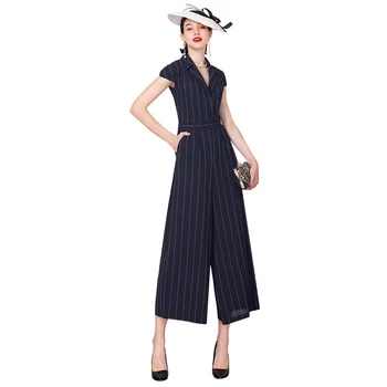 

Office Lady Navy Striped Jumpsuits Summer Autumn Fringe Straigt Playsuits Formal Plaid British Style Bodysuits DZ3022