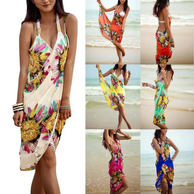 Vestido playero con estampado para mujer, vestido playero Sexy con cuello Halter, toalla de playa de gasa, falda envolvente de Pareo, bañador con espalda abierta, 2021