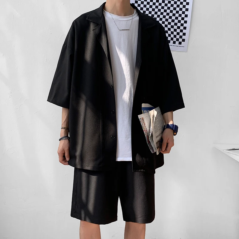 Conjunto de chaqueta y pantalones cortos de estilo coreano para hombre, traje sólido delgado de manga corta con un solo bolsillo, longitud hasta la rodilla, ropa oversize de verano