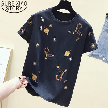 

2020 Korea Casual Black Tee Shirt White T shirt Women Clothes Summer Short Sleeve Embroidery Vintage TShirt Female Tops 4863 50