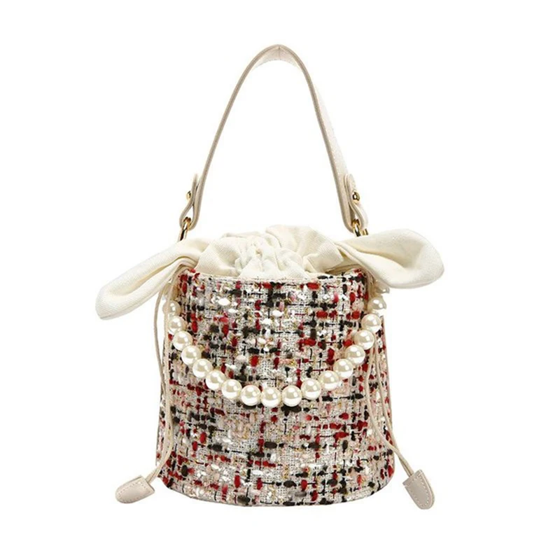 

Fashion Pearl Lady Round Material Crossbody Bucket Bag Lady Leather Handbag Shoulder Messenger Bag
