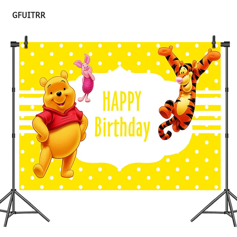 

GFUITRR Winnie Pooh Photography Backdrop Kids Birthday Photo Background Yellow and White Vinyl Photo Booth Props