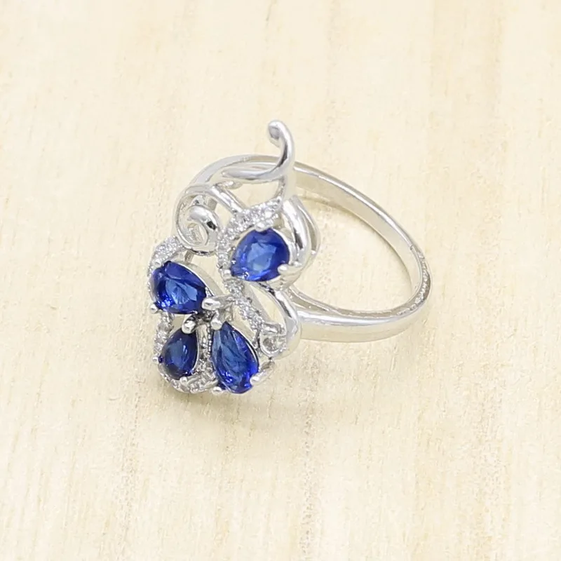 Синий Кристалл 925 серебряные ювелирные наборы для женщин Свадебные серьги подвеска ожерелье кольца Подарочная коробка для браслета