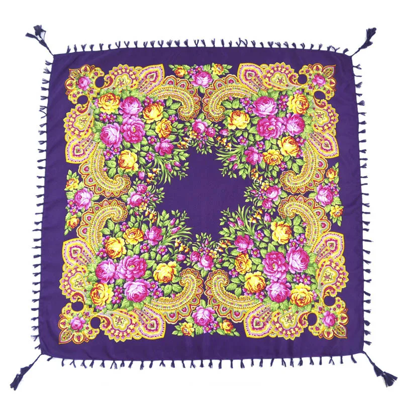 Осенне-зимний женский шарф с кисточками, хлопковая шаль, ретро принт, русская Этническая ручная обертка, теплое квадратное одеяло, шарф, бандана - Цвет: Purple