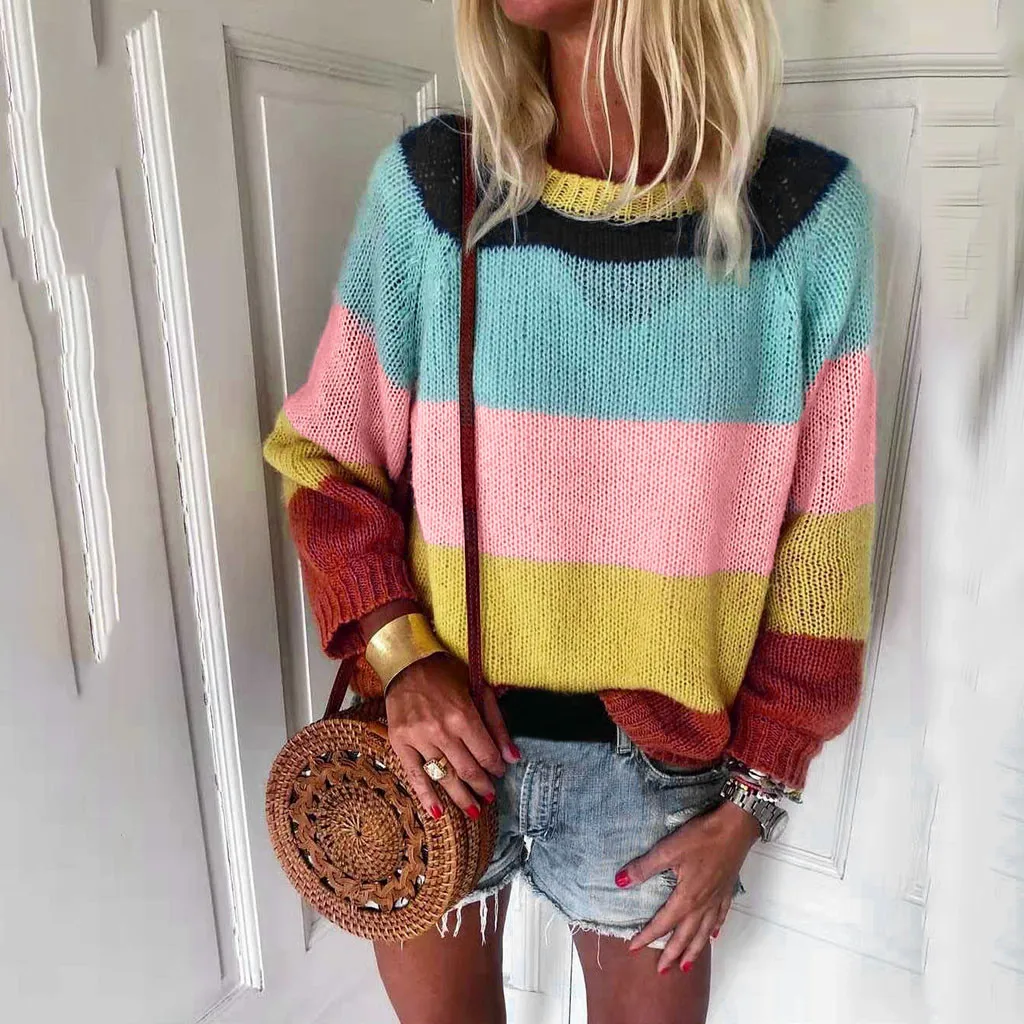 sweater winter women knit sweater women Fashion Casual Slim Fit Long Sleeve Stripe V-neck Knitted Sweater Tops #D