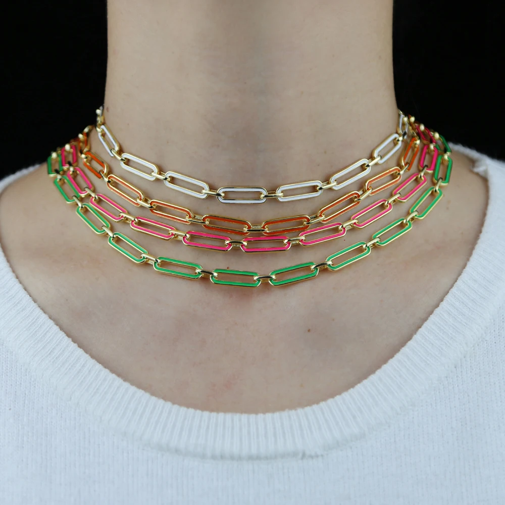 Neon Enamel Colorful Women Summer Jewelry Gold Color Rectangle Link Chain Choker Necklace