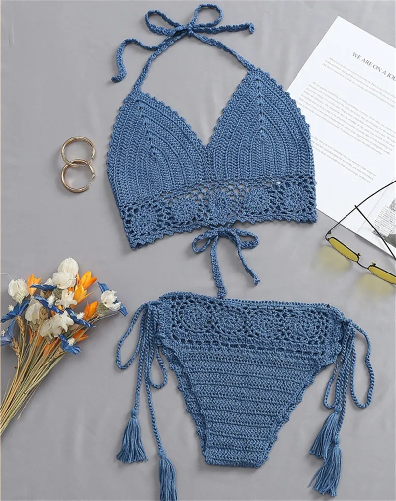 2021 New High Waist Two Pieces Bikini Set Crochet Swimsuit Female Women Beachwear Swimwear Bather Side Tied Lace Up Bathing Suit