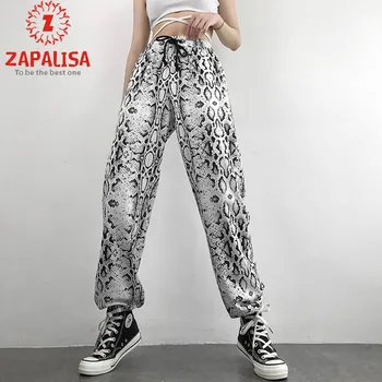 

Fashion Women Summer Casual Loose Trousers for Sport Beam Drawstring Design Pockets Decor High Waist Serpentine Print Pants