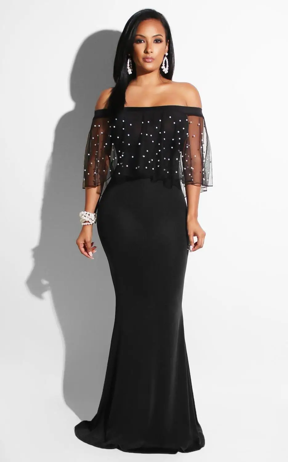 

Party High-elastic Off the shoulder Elegant Pearl Mesh Mermaid Dress Evening Dresses 2020 Skirt Capped For Girls and Woman