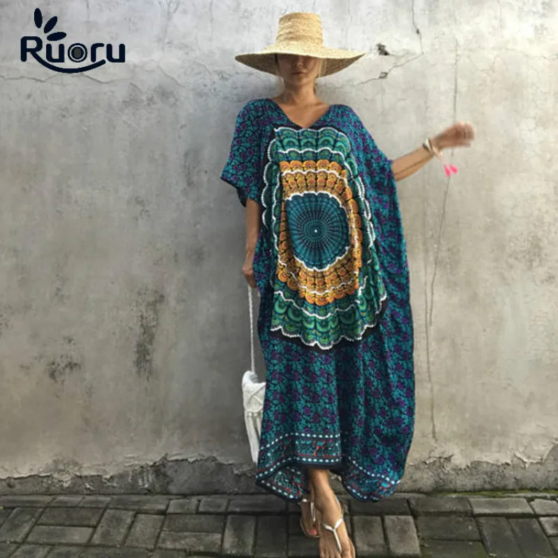 

Ruoru Boho Bohemian Long Maxi Dress for Women Floral Loose Robe Femme Dresses Large Plus Sizes New Arrival Oversize Beach Dress