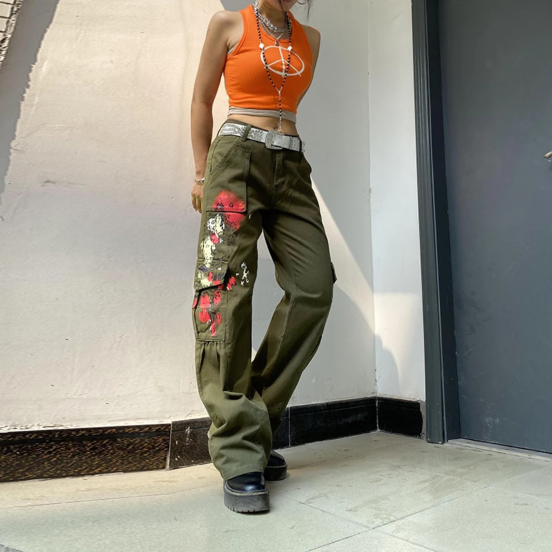 Vintage 90s Style Cargo Pants Y2K Solid 