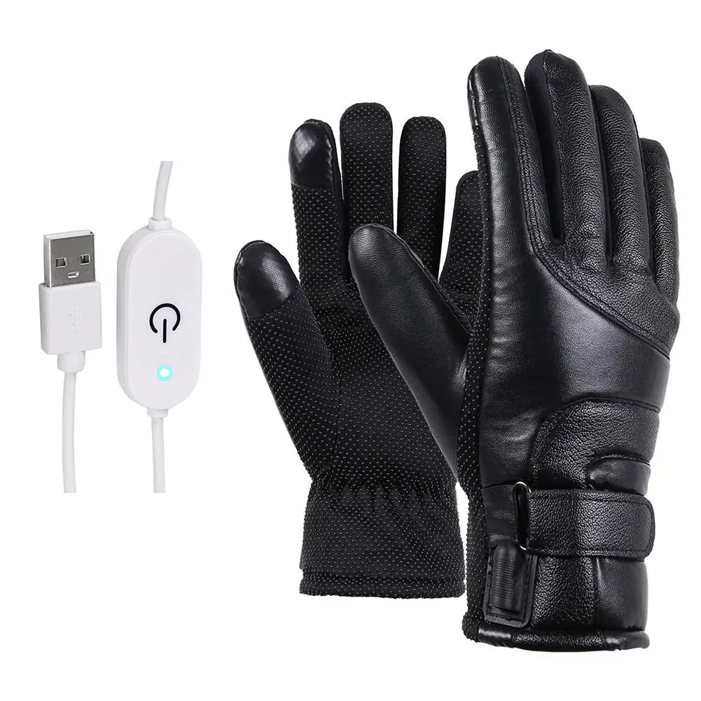 1 Pair Rechargeable Motorcycle Heating Gloves Touch Screen Non-slip PU Warm Gloves USB Charging Winter Cycling Skiing Gloves