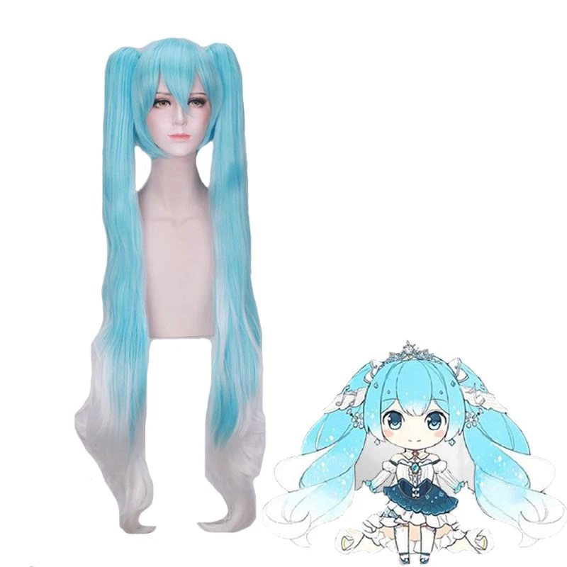 

Ktip Up Vocaloid Hatsune Snow Miku Cosplay Wig Gradient Blue 120cm Long Wavy Synthetic Hair pelucas With Chip Ponytails