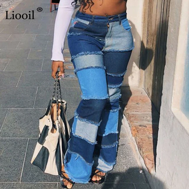 US $20.02 Liooil Color Block High Waist Flare Jeans With Pockets 2020 Streetwear Sexy Ladies Trousers Bell Bo