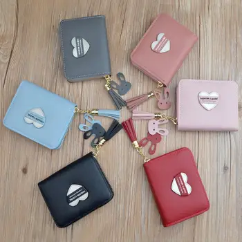 

Trendy Square Coin Purse Short Zipper Tassel Love Shape Key Small Pouch Student Cute Slot Women Wallet Coin Bag Card Wallet O6V9
