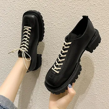 

2020 spring and autumn new British style thick heel square toe single shoes women's platform lace-up small leather shoes