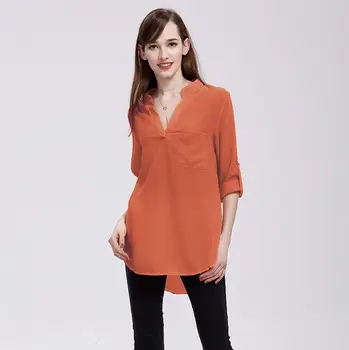 

2020 Summer Women's V-neck Long Sleeve maa1 Pocket Loose Chiffon Shirt Q8JD22-01-36