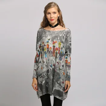 

Cartoon Print Autumn Woman Sweaters Pullovers Long Oversize Sweater Women Spring Pullover Casual Batwing Sleeve Sweater Coat