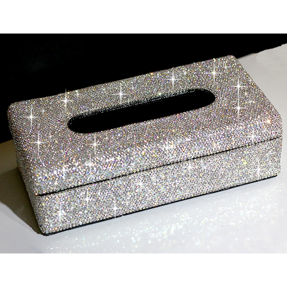 Shiny Crystals PU Leather Tissue Box Paper Holder Case Cover For Home Car