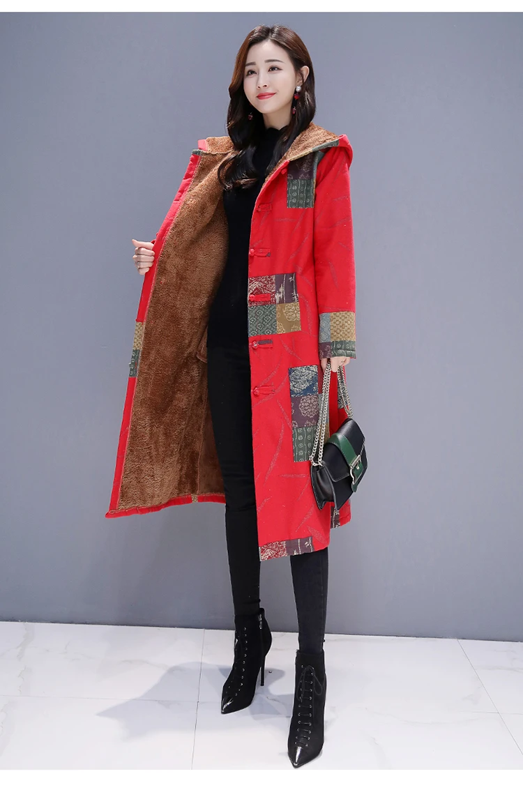 Осенне-зимнее пальто из хлопка и конопли, утепленное хлопковое пальто средней длины с геометрическим принтом и капюшоном