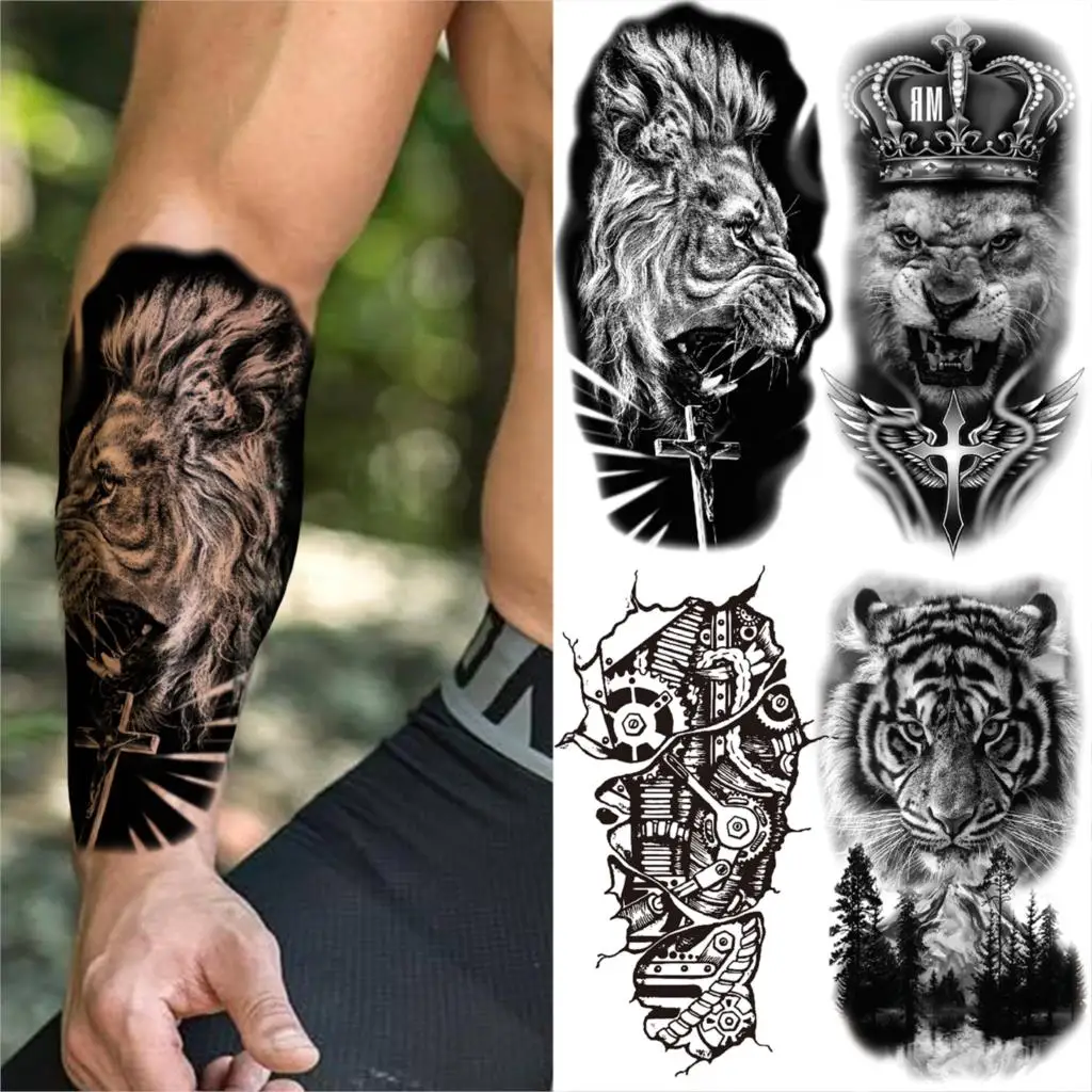 

Realistic Lion Cross Temporary Tattoos For Men Women Crown Robotic Arm Tiger Forest Fake Tattoo Sticker DIY Forearm Thigh Tatoos