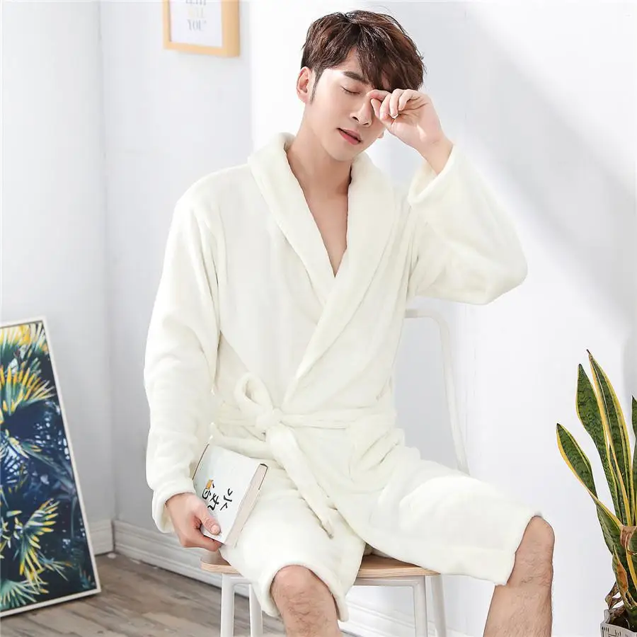 Плюс размер 3XL халат для мужчин кимоно Халат коралловый флис ультра утолщенная ночная рубашка теплая зимняя Домашняя одежда с длинным рукавом пижамы - Цвет: White1 C