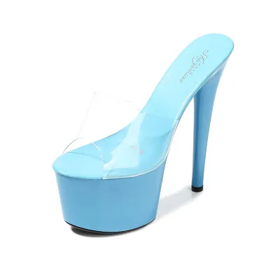 Летние домашние тапочки на тонком каблуке; женская обувь; прозрачные тапочки из ПВХ на очень высоком каблуке 17 см; пикантные шлепанцы на платформе; большие размеры 34-43; черный цвет - Цвет: Небесно-голубой