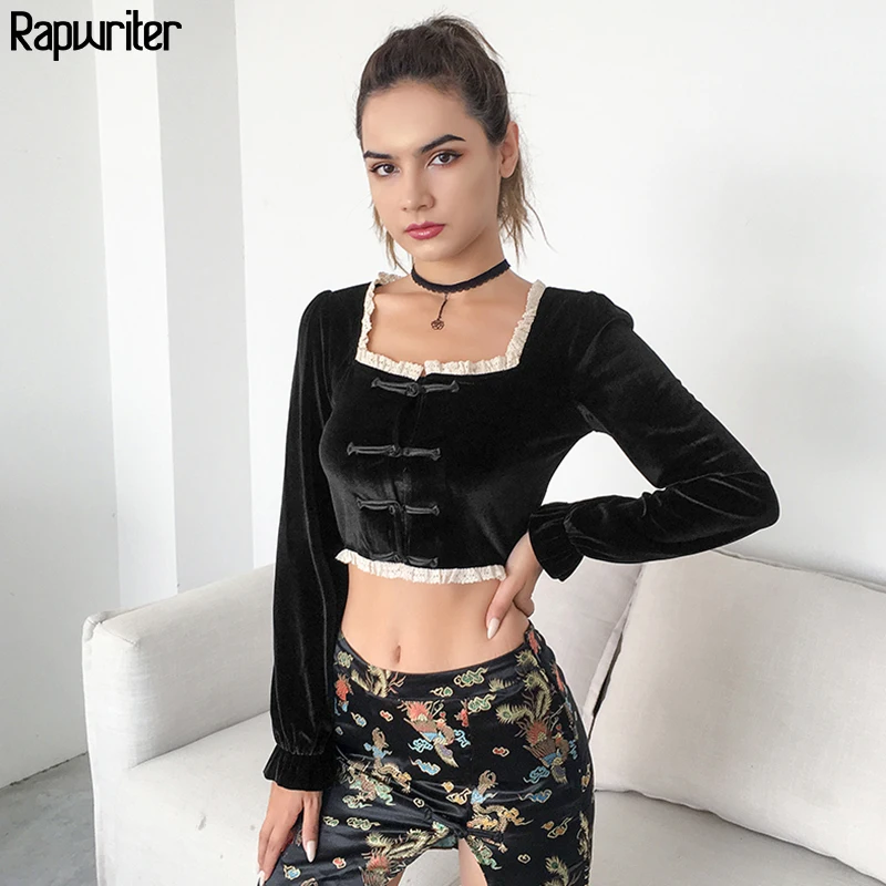 

Rapwriter Chinese Style Long Sleeve Lace Patchwork Velvet T-Shirt Women 2019 Vintage Square Collar Black Tee Shirt Femme Short