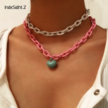 

IngeSight.Z 2Pcs/Set Multi Layered Acrylic Acetic Acid Choker Necklace Collar Resin Love Heart Pendant Necklaces Women Jewelry