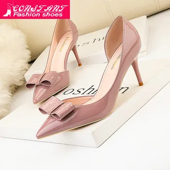 

2019 Fashion Delicate Sweet Bowknot High Heel Shoes Side Hollow Pointed Women Pumps Pointed Toe 7CM thin Dress Shoes