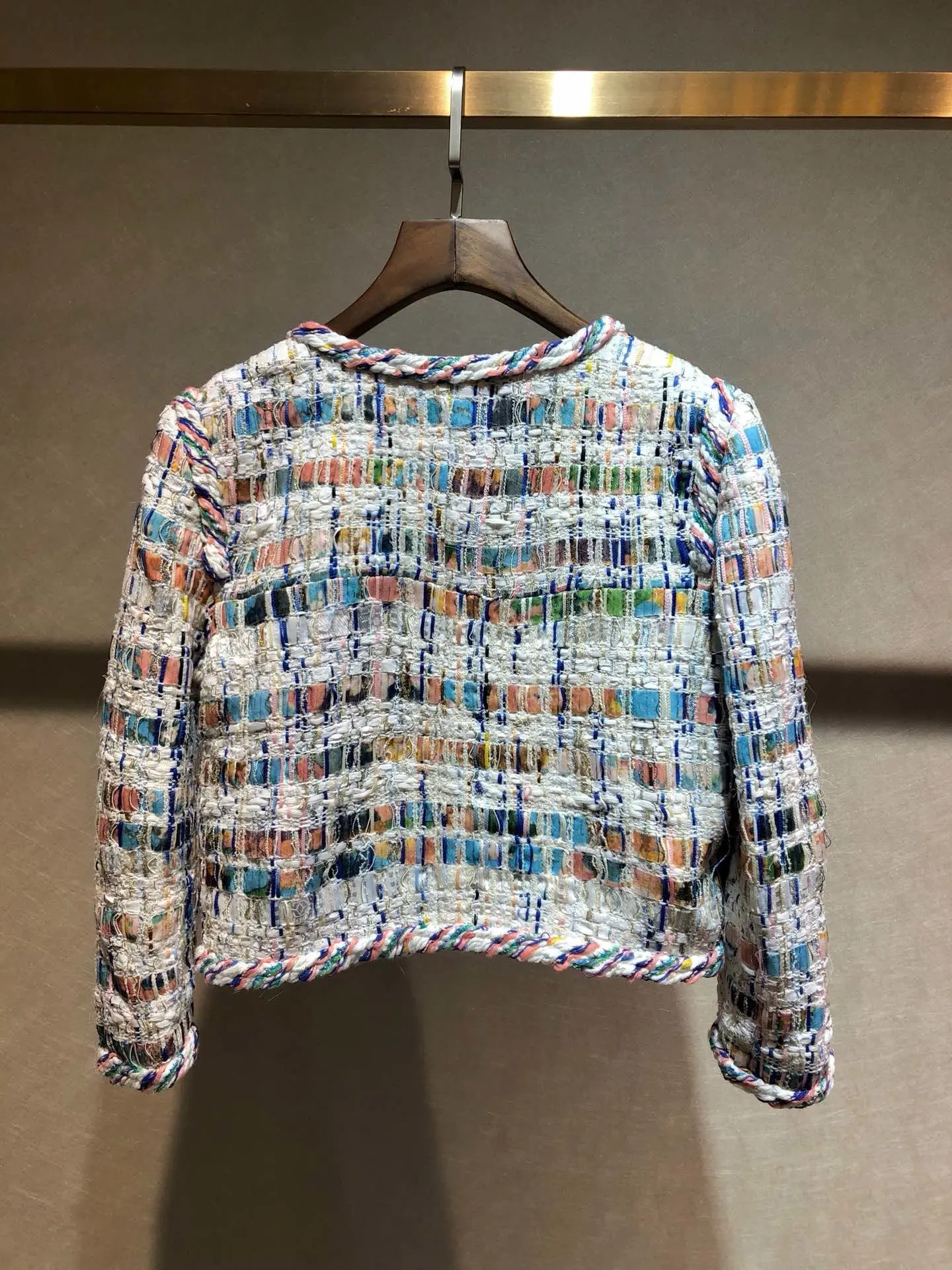 new ladies high quality fashion long sleeve round neck color woven short jacket 0926