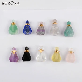 

BOROSA Gold Natural Stone Perfume Bottle Connectors Lapis Fluorite Rose Crystal Quartz Essential Oil Diffuser Necklace Pendant