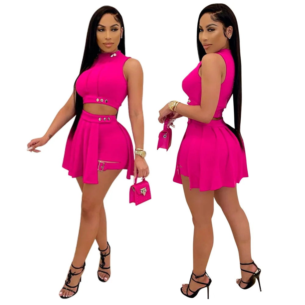 Summer Sleeveless Pleated Skirt Short Sets Women Sleeveless Crop Top and Mini Skirts Sexy Two Piece Sets 2021 Casual Clothings pant suit Suits & Blazers