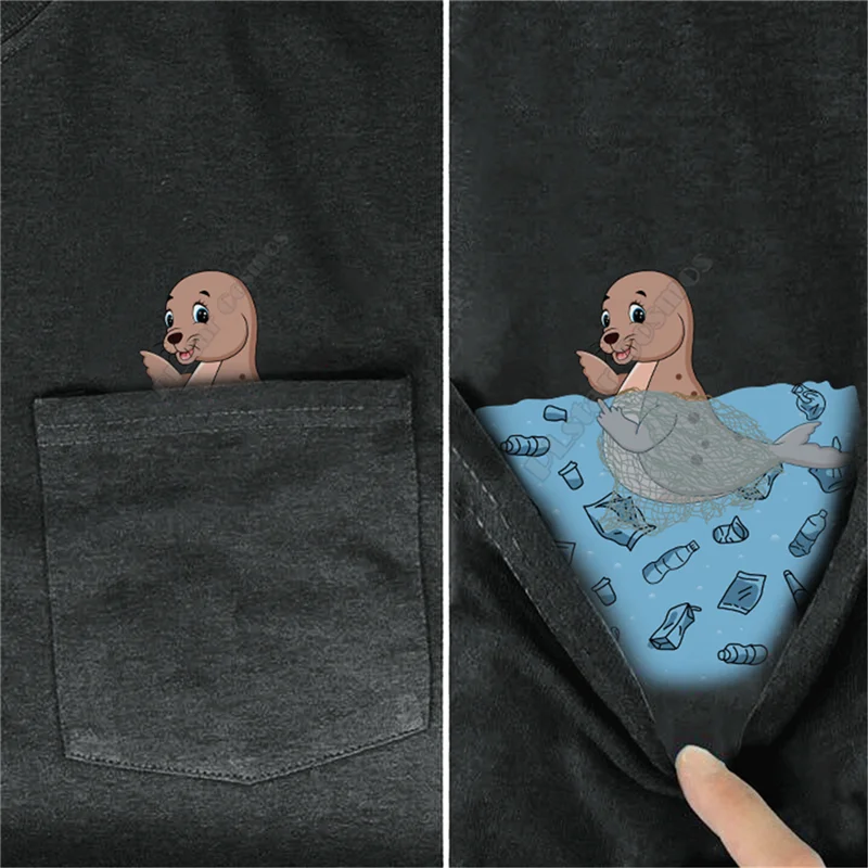 

PLstar Cosmos T Shirt summer pocket Save The Earth Sea Lion printed t-shirt men for women shirts tops funny cotton black tees