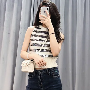

Sexy Women Sequined Striped Tank Top 2020 Summer Round Neck Sleeveless Knitted Crop Top Vest T shirt Luxury clothing
