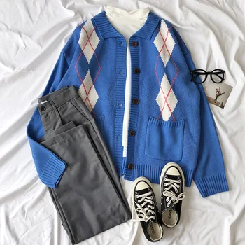 

3 colors korean preppy style Women Autumn winter plaid Cardigan Sweater coat Female Long Sleeve Outwear Knitted tops (X1098