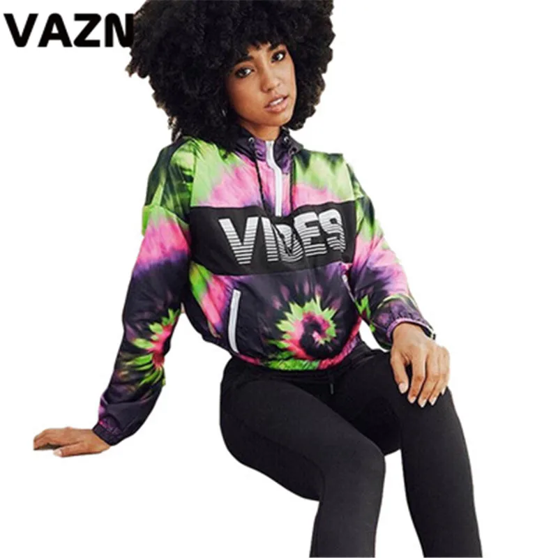 VAZN QZX6089 Top Quality Hood Design Top Women Letter Zip Fly Long Sleeve Short Slim T-Shirts Sexy Lady Hollow Out T-Shirts