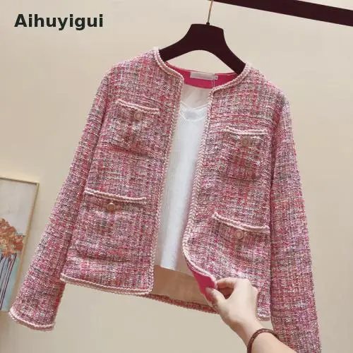 

Aihuyigui Women Pink Long Sleeve Tweed Short Coat Female 2019 New Spring Autumn Loose Top Short Open Stitch Coat Dr668