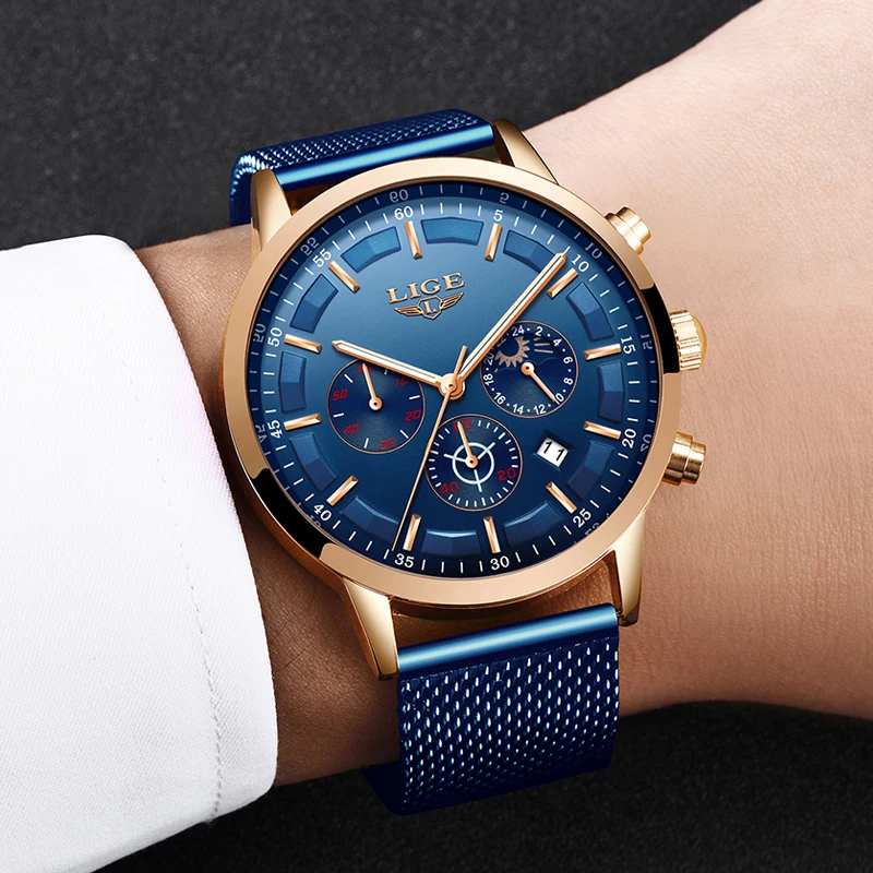 

Mesh Belt Wrist Watch Luxury Quartz Watch for Men Blue Dial Watches Sports Watches Moon Phase Chronograph 2020
